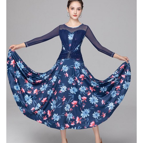 Women girls red leopard blue floral ballroom dancing dresses waltz tango foxtrot smooth dance stage performance costumes for woman